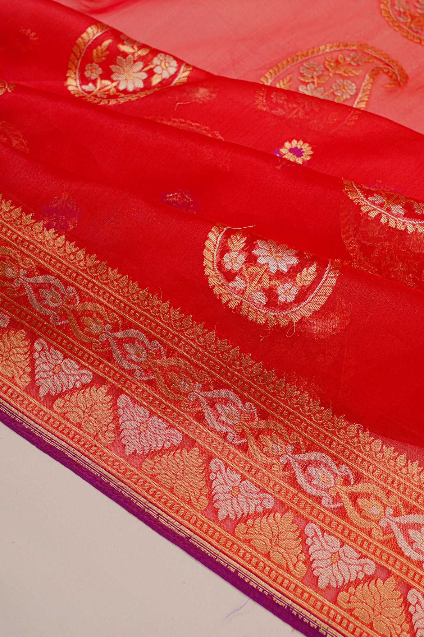 Banarasi Kora Organza Butta Red Saree