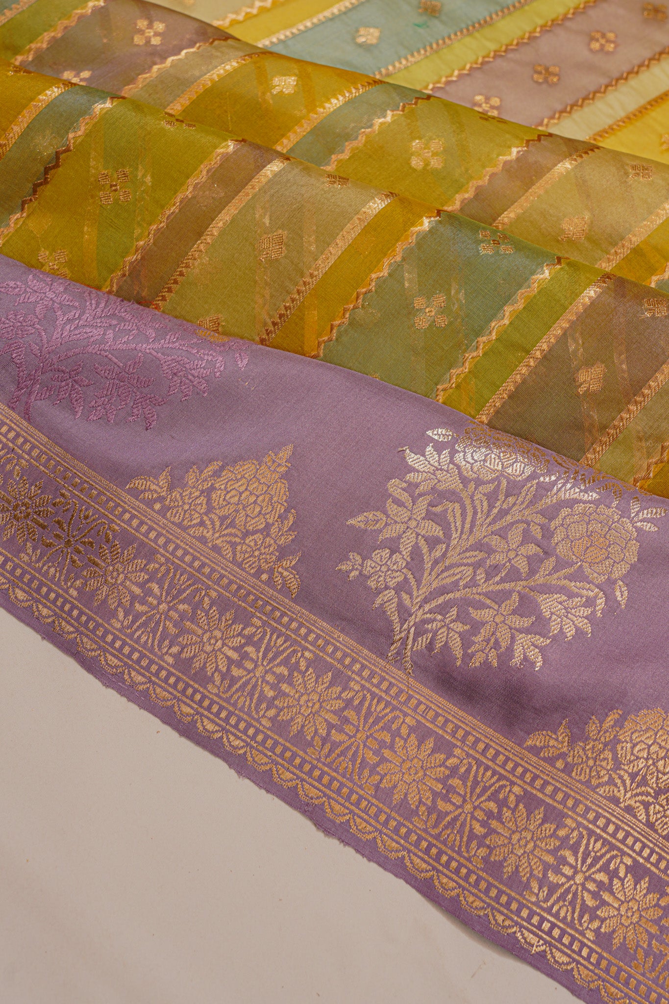 Banarasi Kora Organza Vertical Lines Multicolour Saree