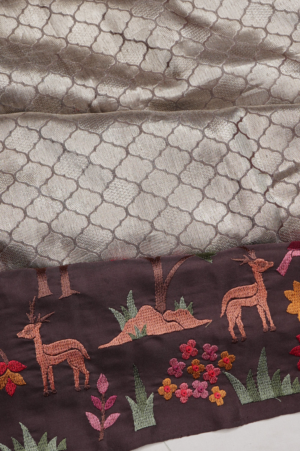 Kanchipuram Silk Tissue Brocade Grey Saree