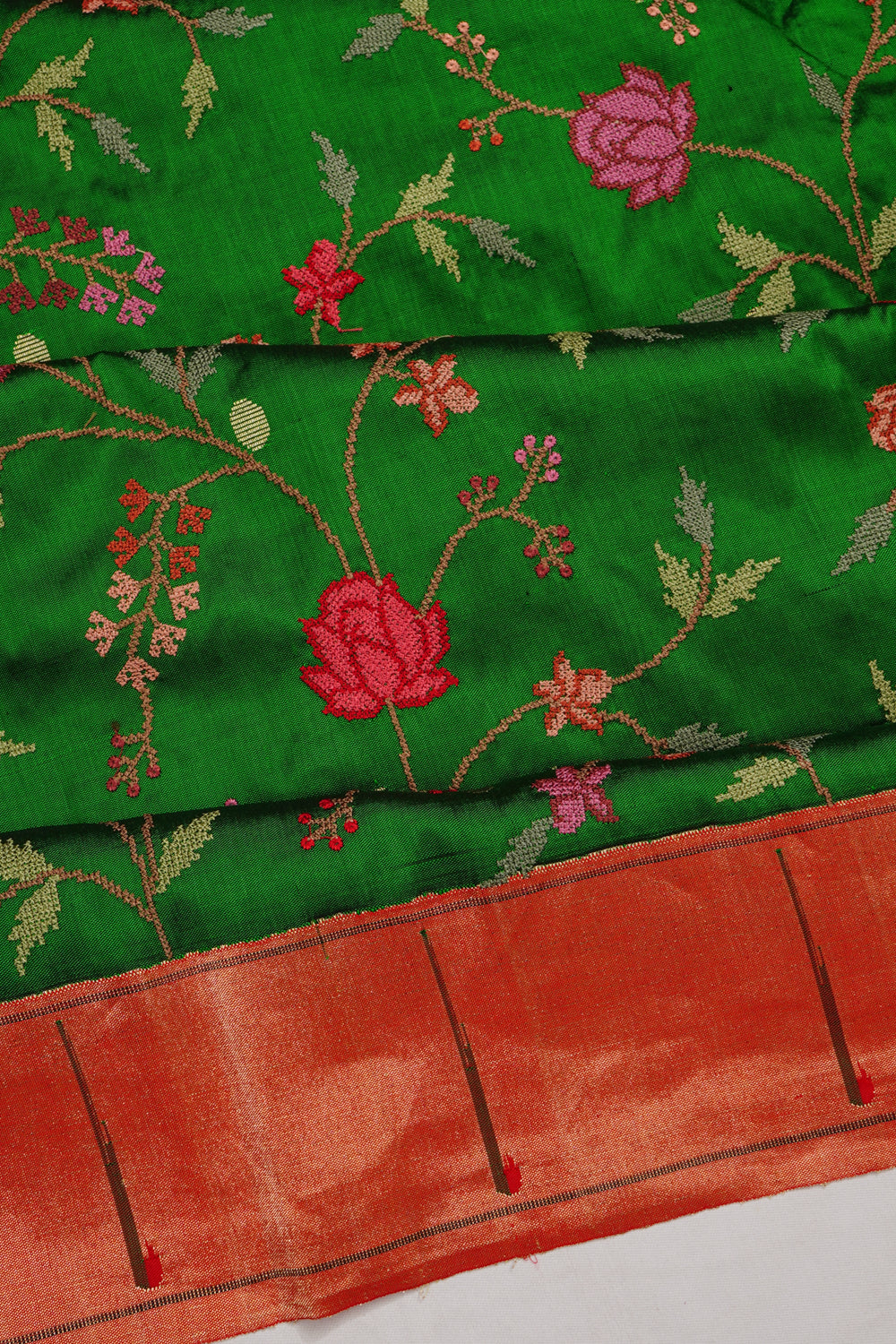 Paithani Silk Embroidery Dark Green Saree With Muniya Border