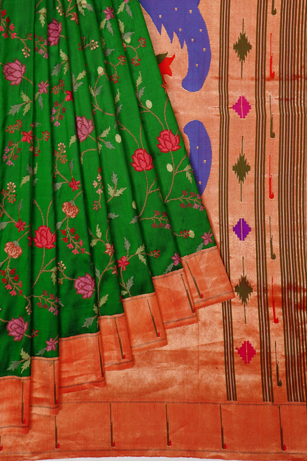 Paithani Silk Embroidery Dark Green Saree With Muniya Border
