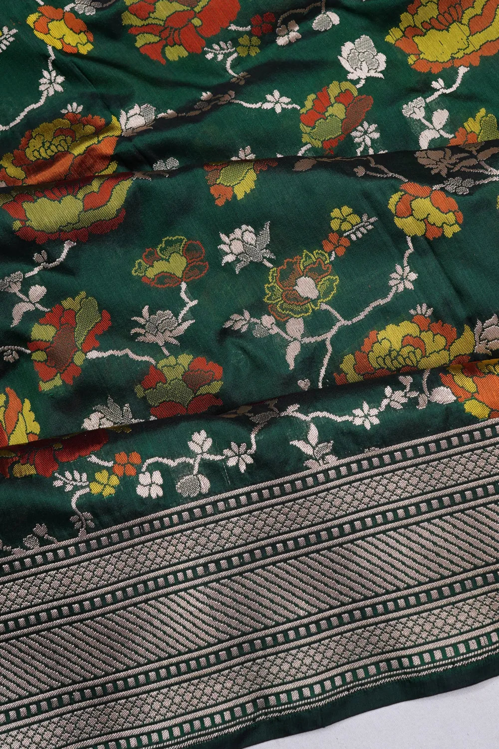 Banarasi Silk Jaal Bottle Green Saree