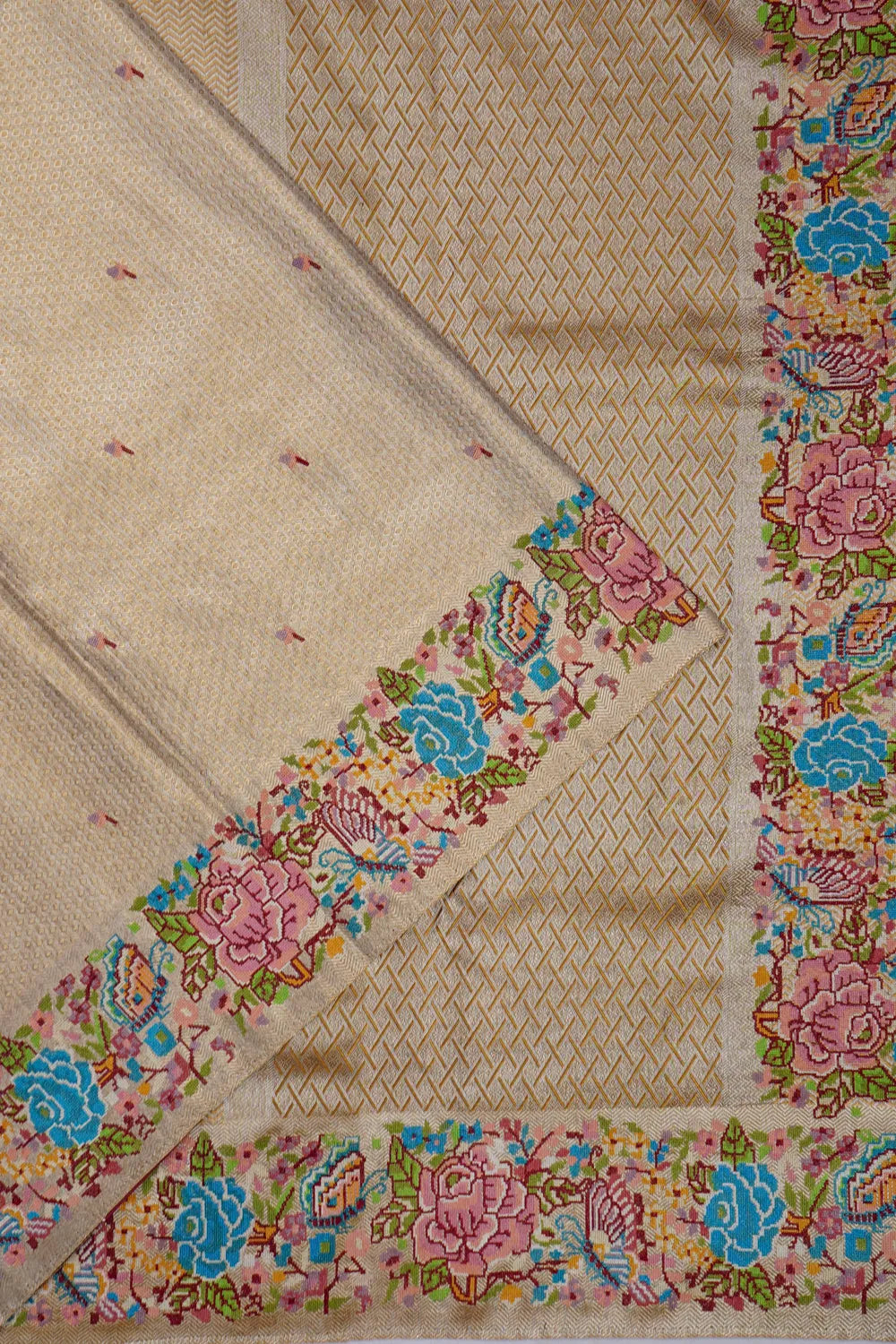 Kanchipuram Silk Tissue Embroidery Butta Gold Saree With Embroidery Border