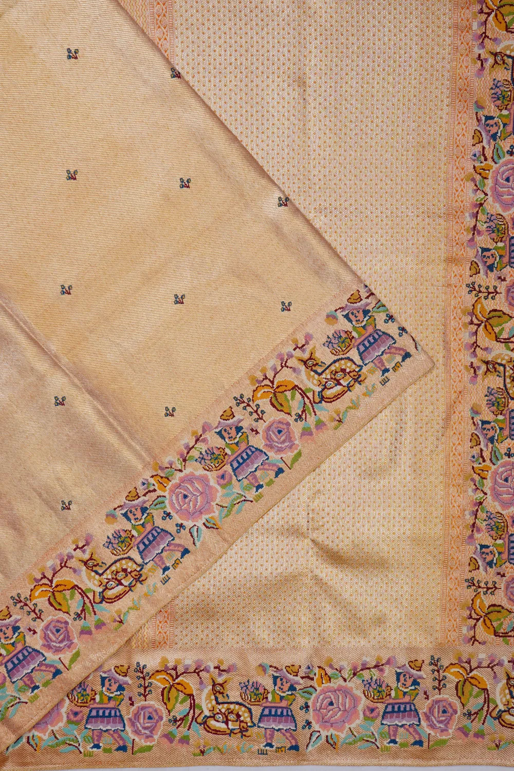 Kanchipuram Silk Tissue Embroidery Butta Gold Saree With Embroidery Border