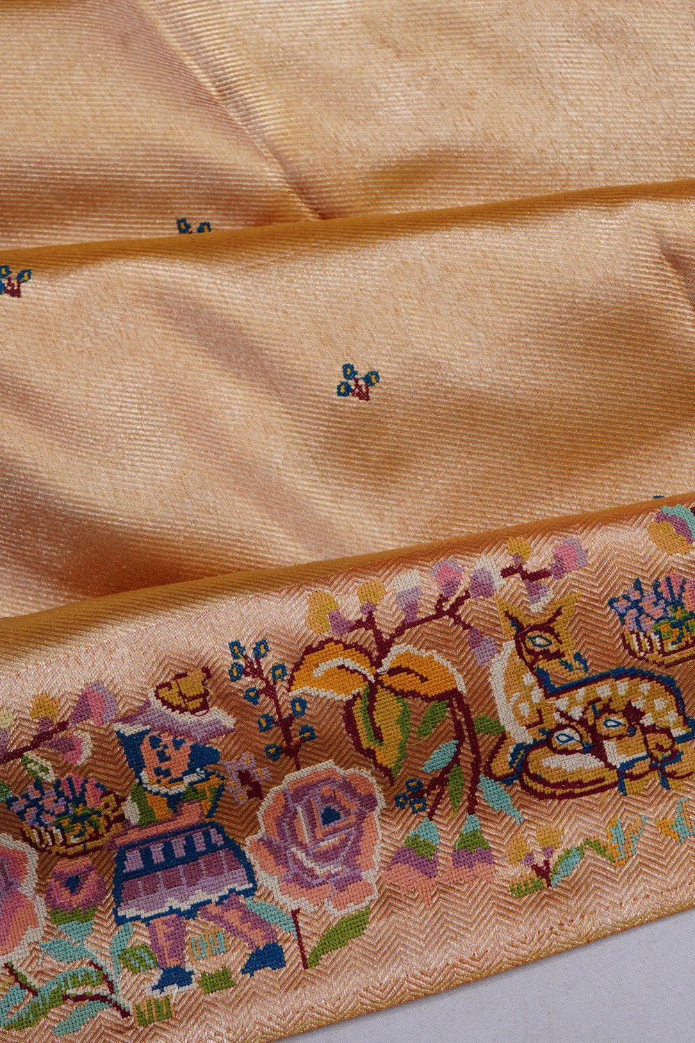 Kanchipuram Silk Tissue Embroidery Butta Gold Saree With Embroidery Border