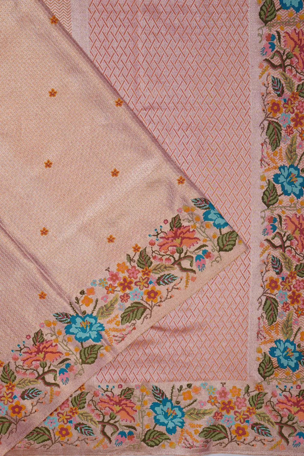 Kanchipuram Silk Tissue Embroidery Butta Gold Saree With Embroidery Border
