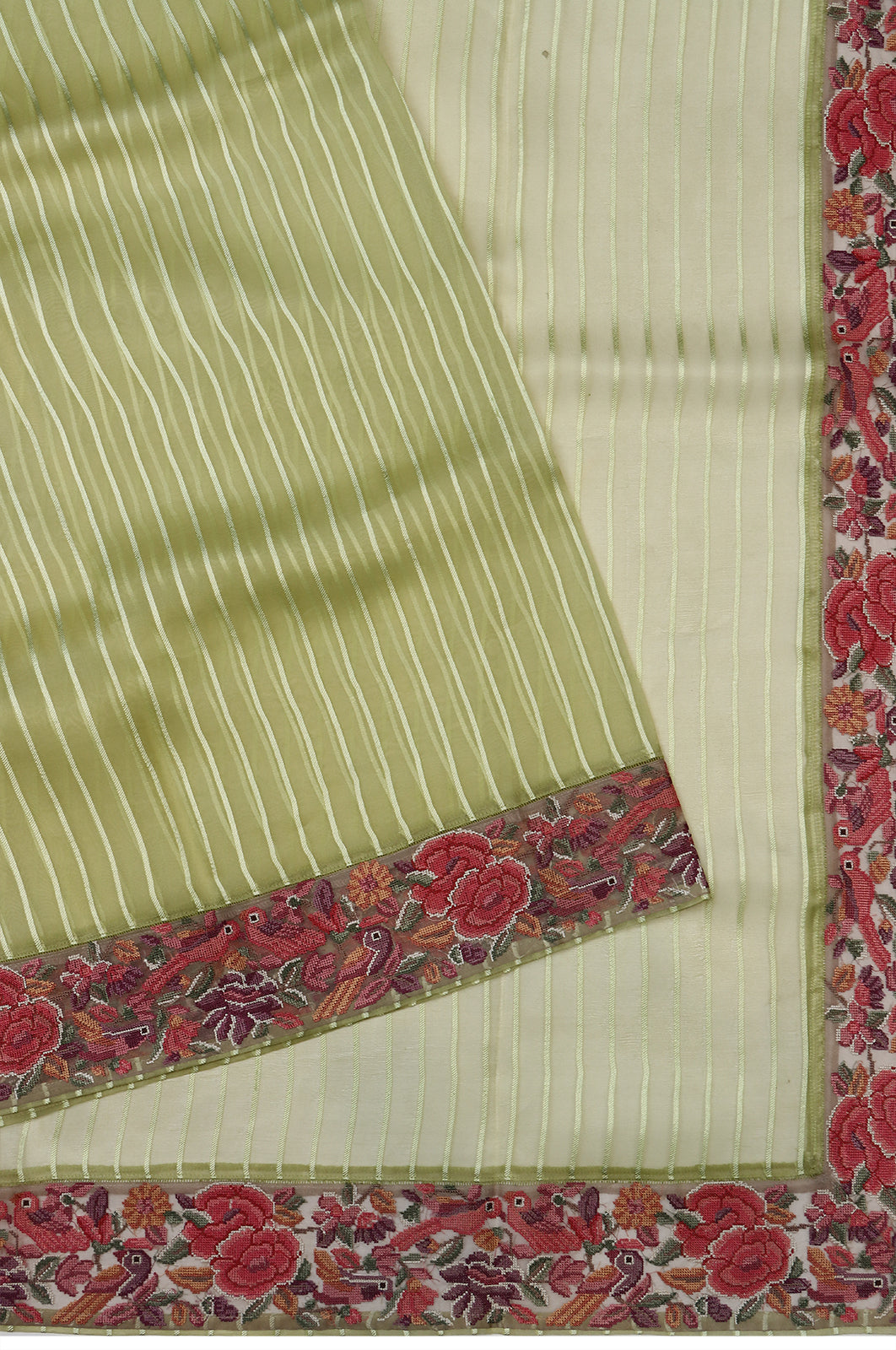 Organza Vertical Lines Green Saree With Embroidery Border