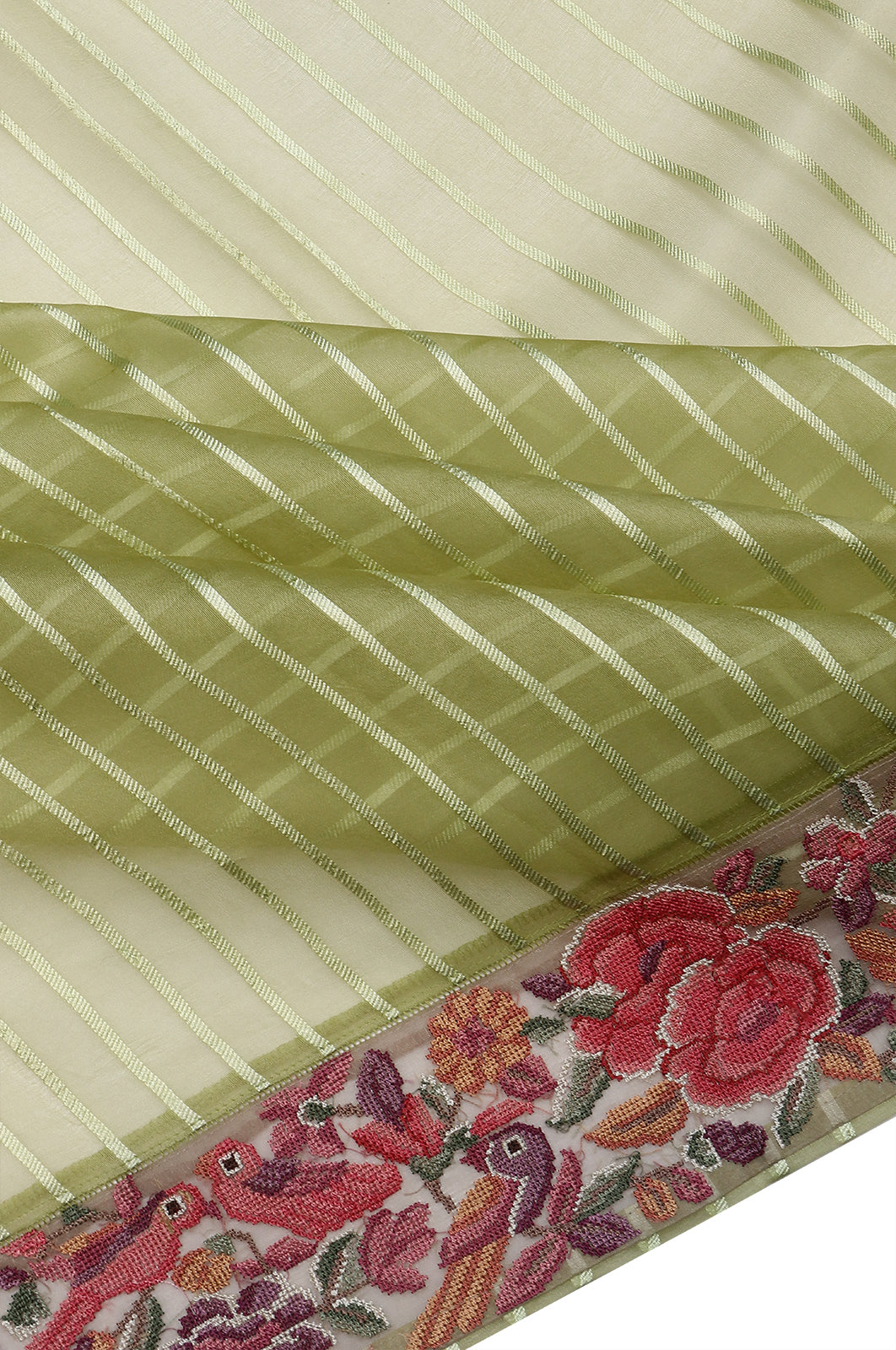 Organza Vertical Lines Green Saree With Embroidery Border