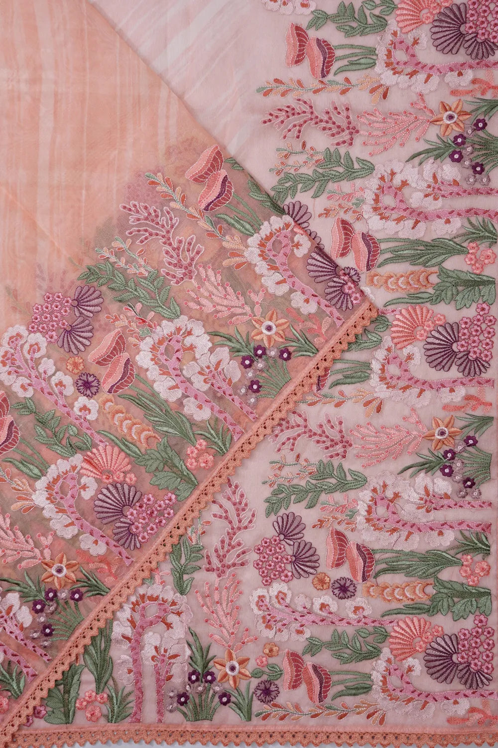 Organza Diagonal Lines Peach Saree With Embroidery Border