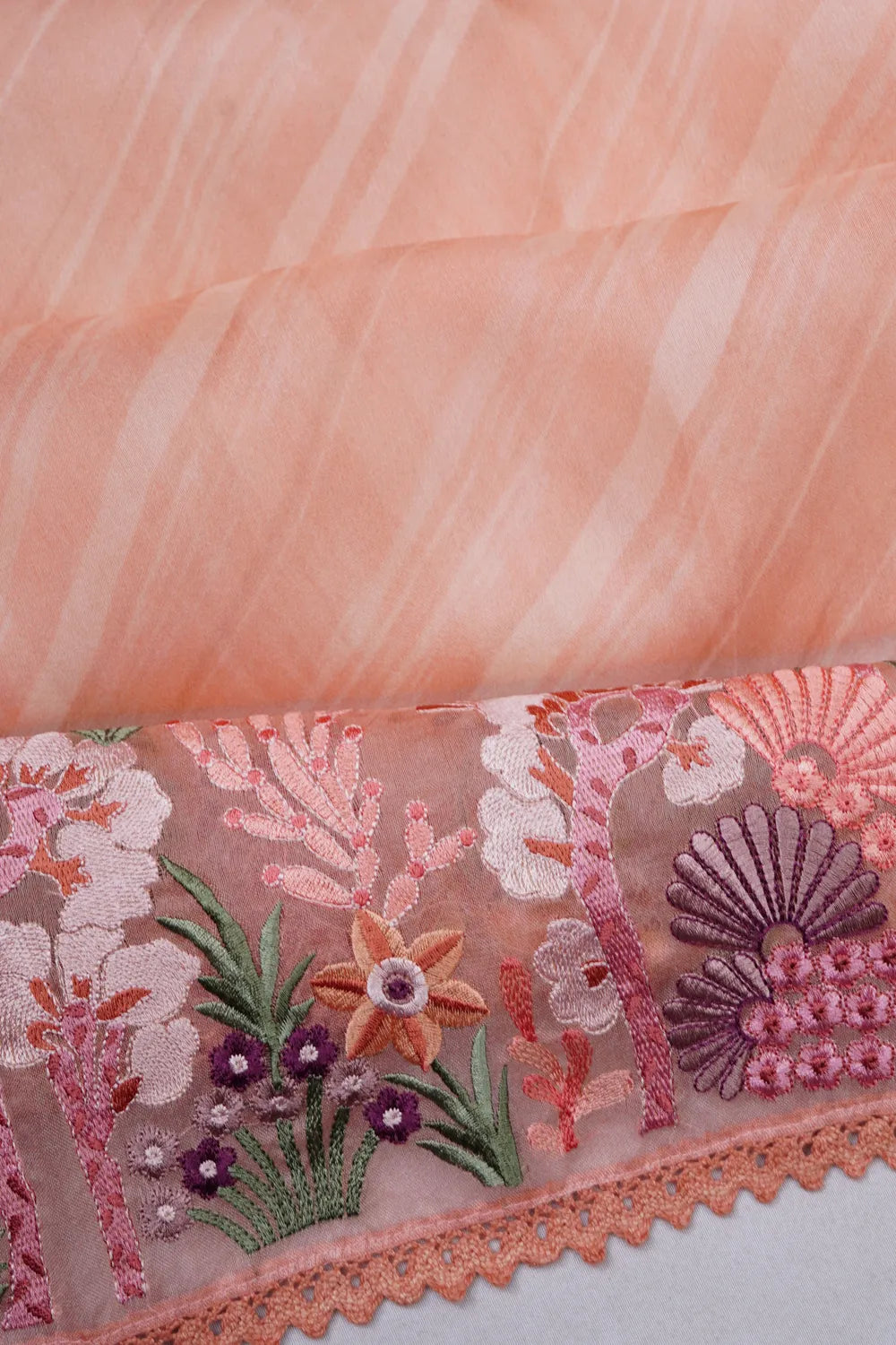 Organza Diagonal Lines Peach Saree With Embroidery Border