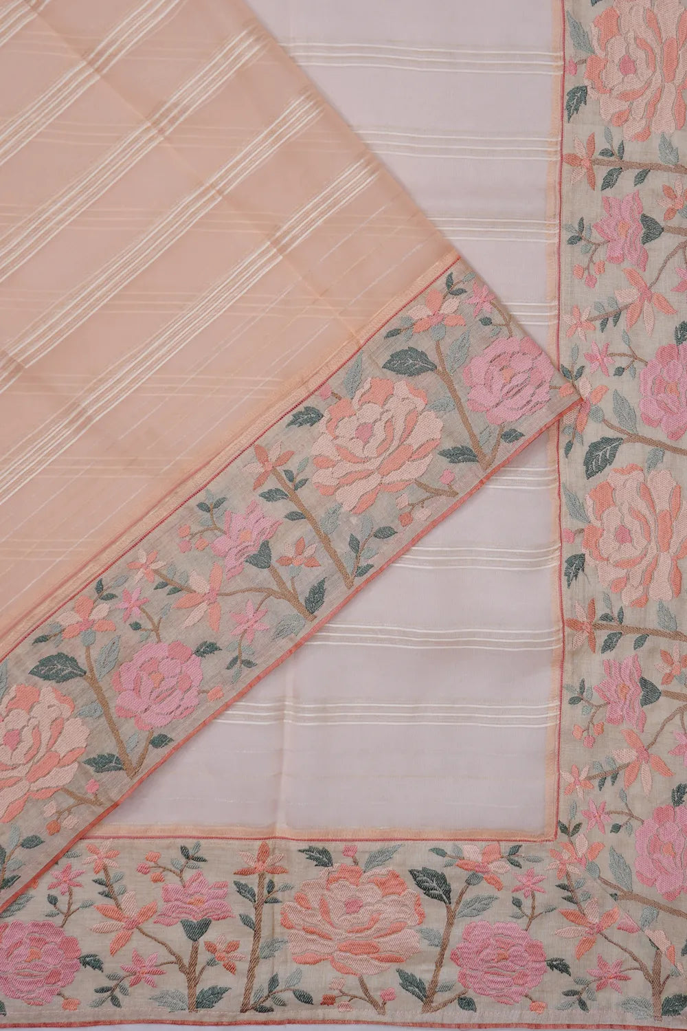 Organza Horizontal Lines Peach Saree With Embroidery Border