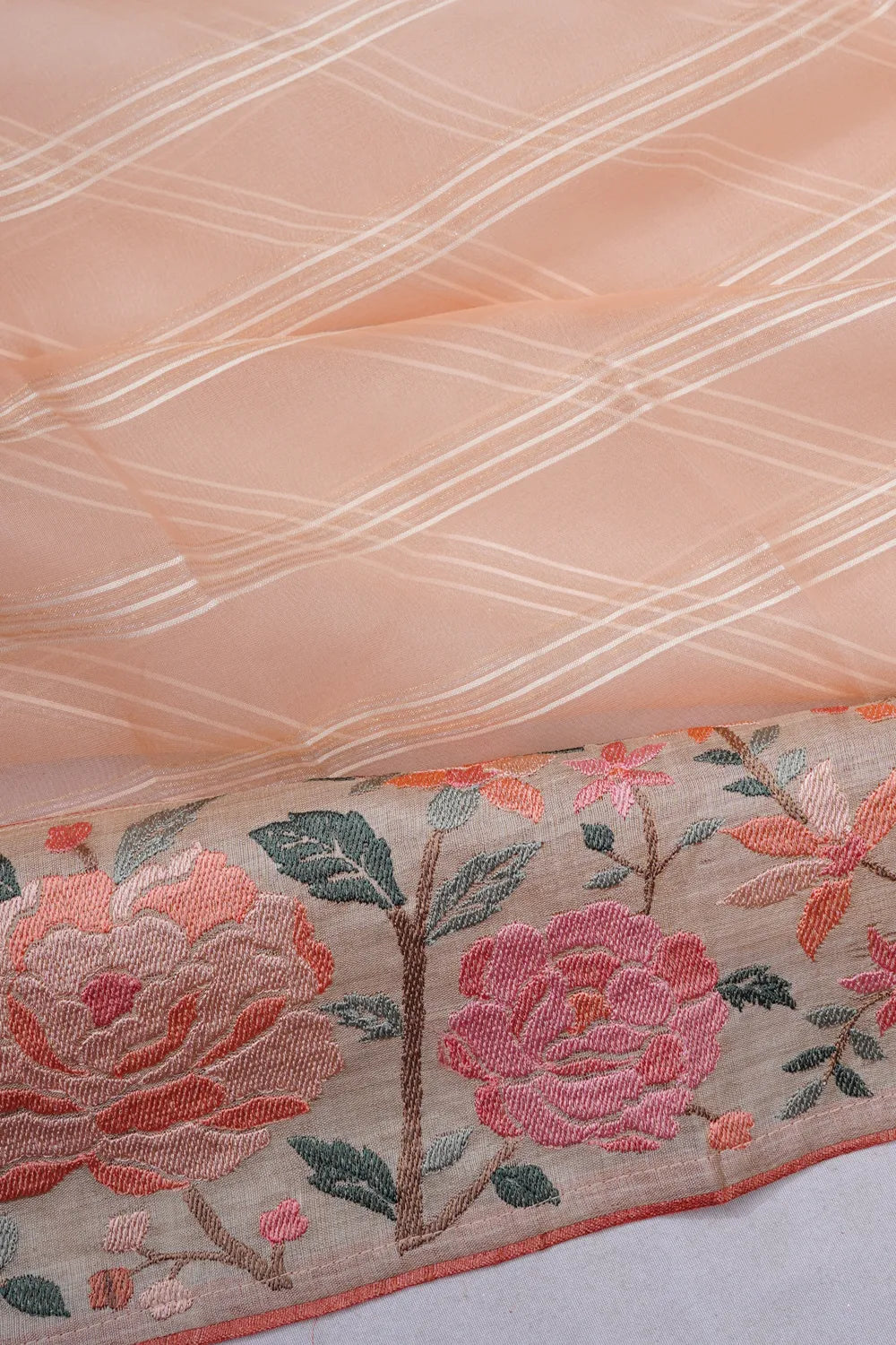 Organza Horizontal Lines Peach Saree With Embroidery Border