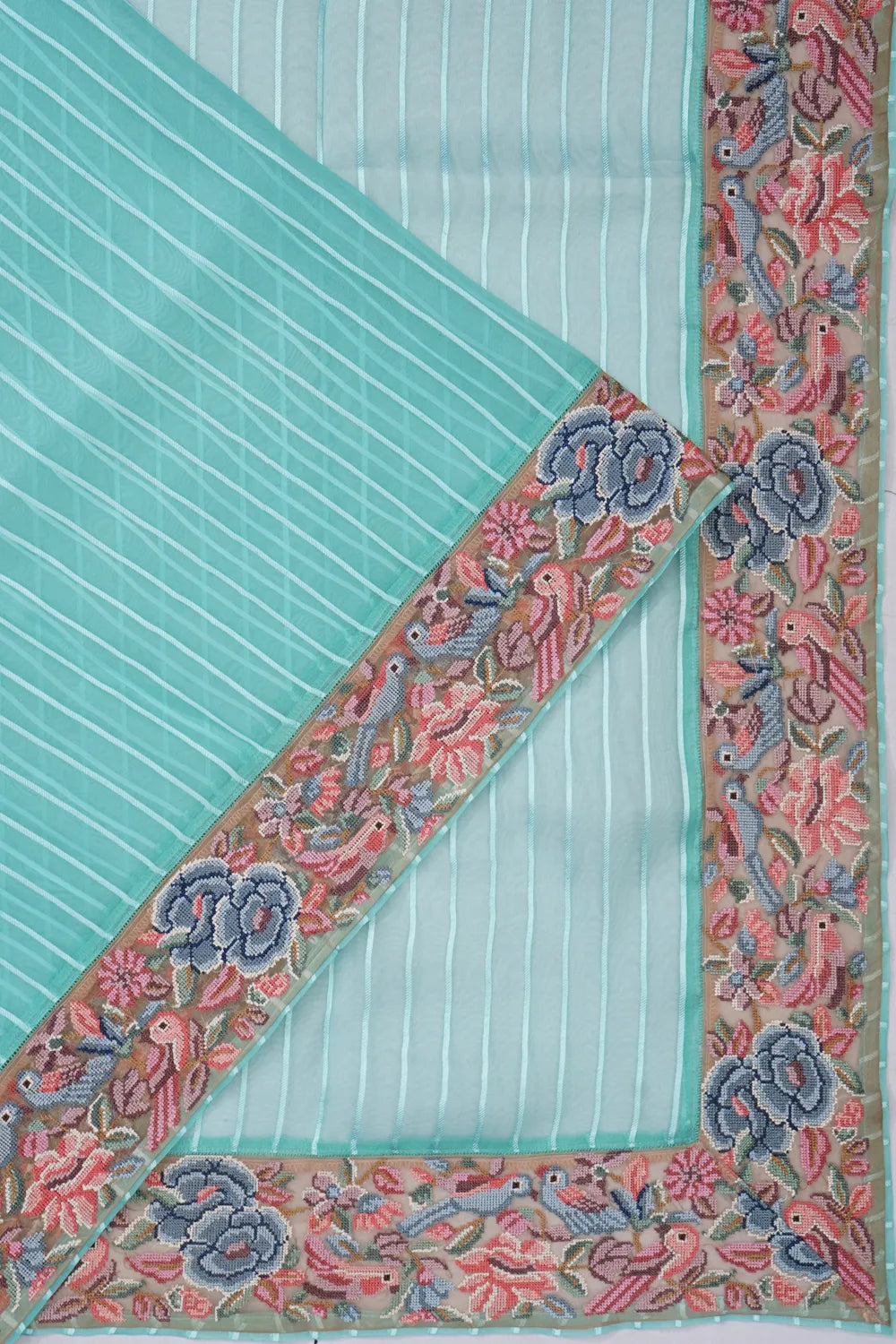 Organza Vertical Lines Sky Blue Saree With Embroidery Border