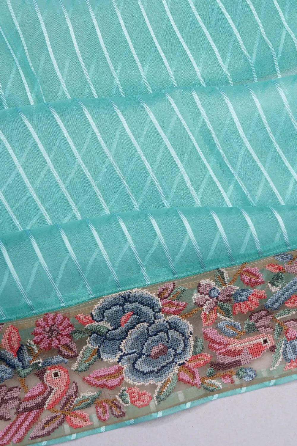 Organza Vertical Lines Sky Blue Saree With Embroidery Border