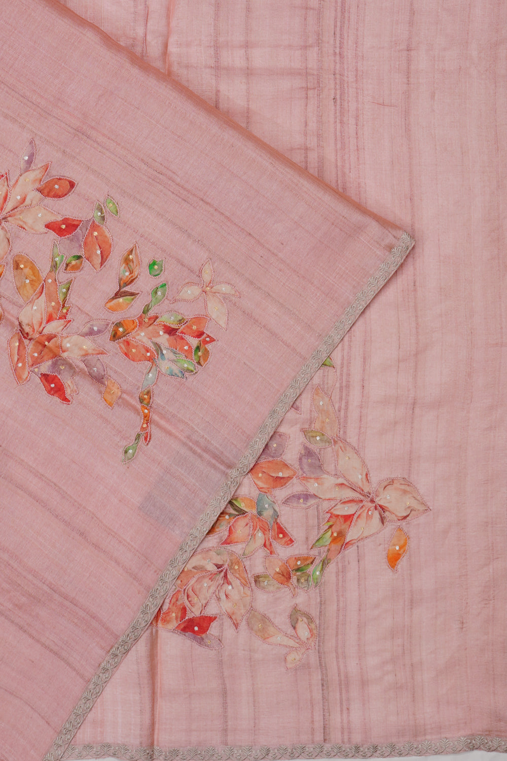 Tussar Plain Peach Saree With Embroidery