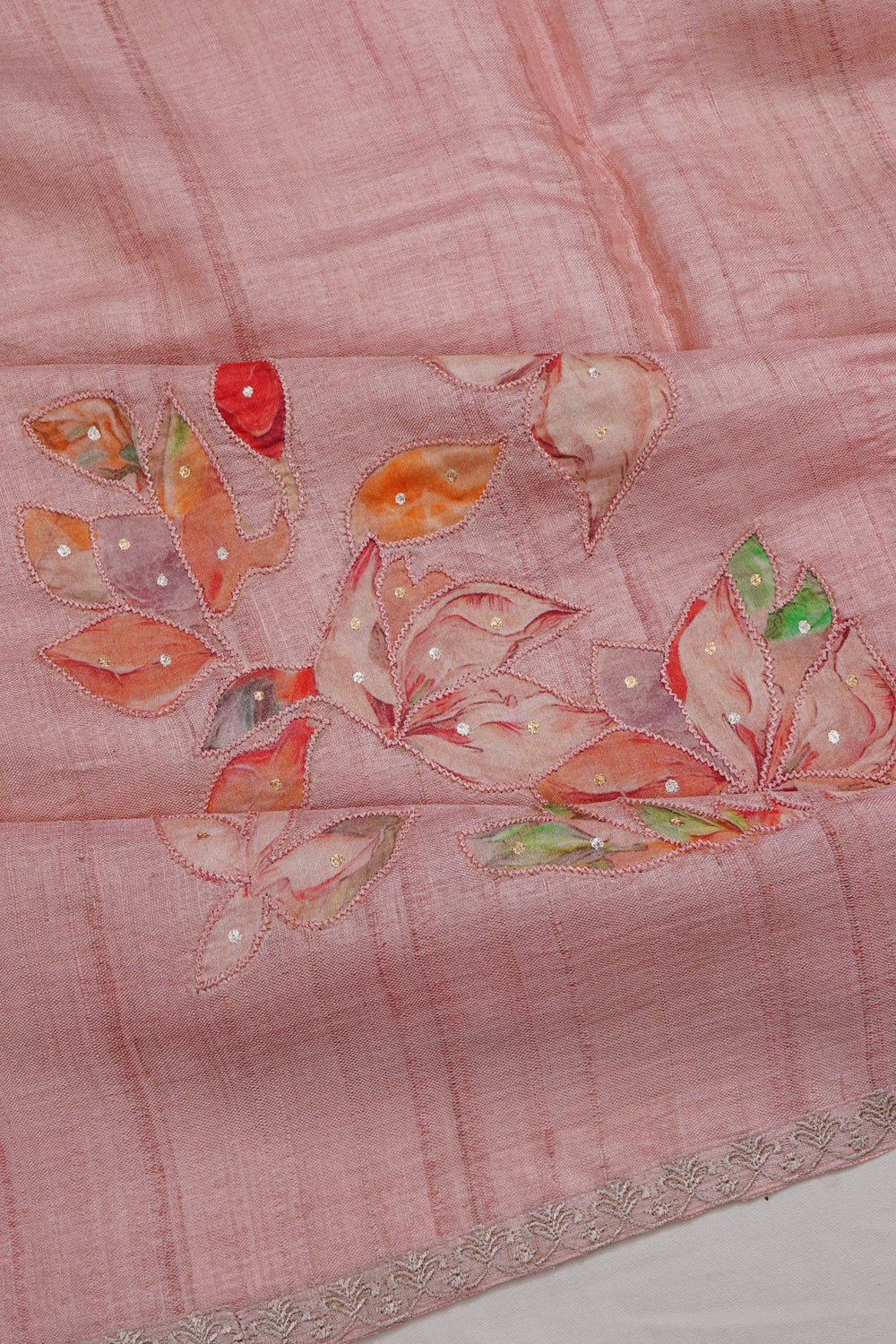 Tussar Plain Peach Saree With Embroidery