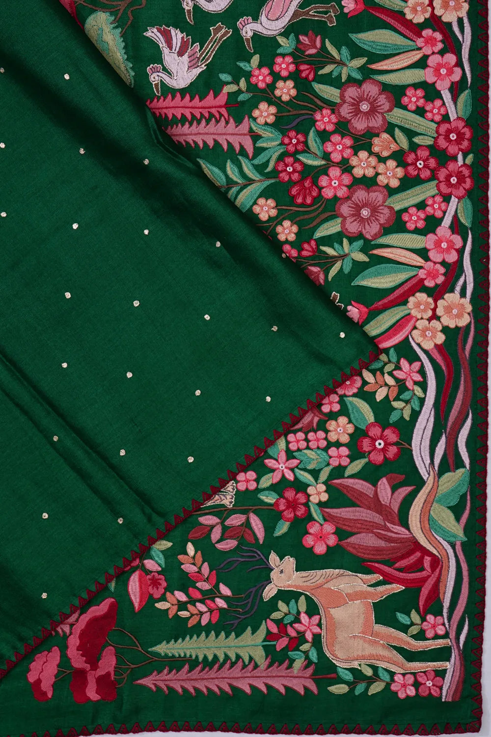 Tussar Butta Bottle Green Saree With Embroidery Pallu