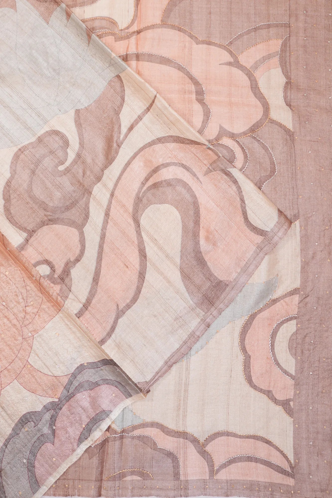 Tussar Printed Sequin Work Off White Saree