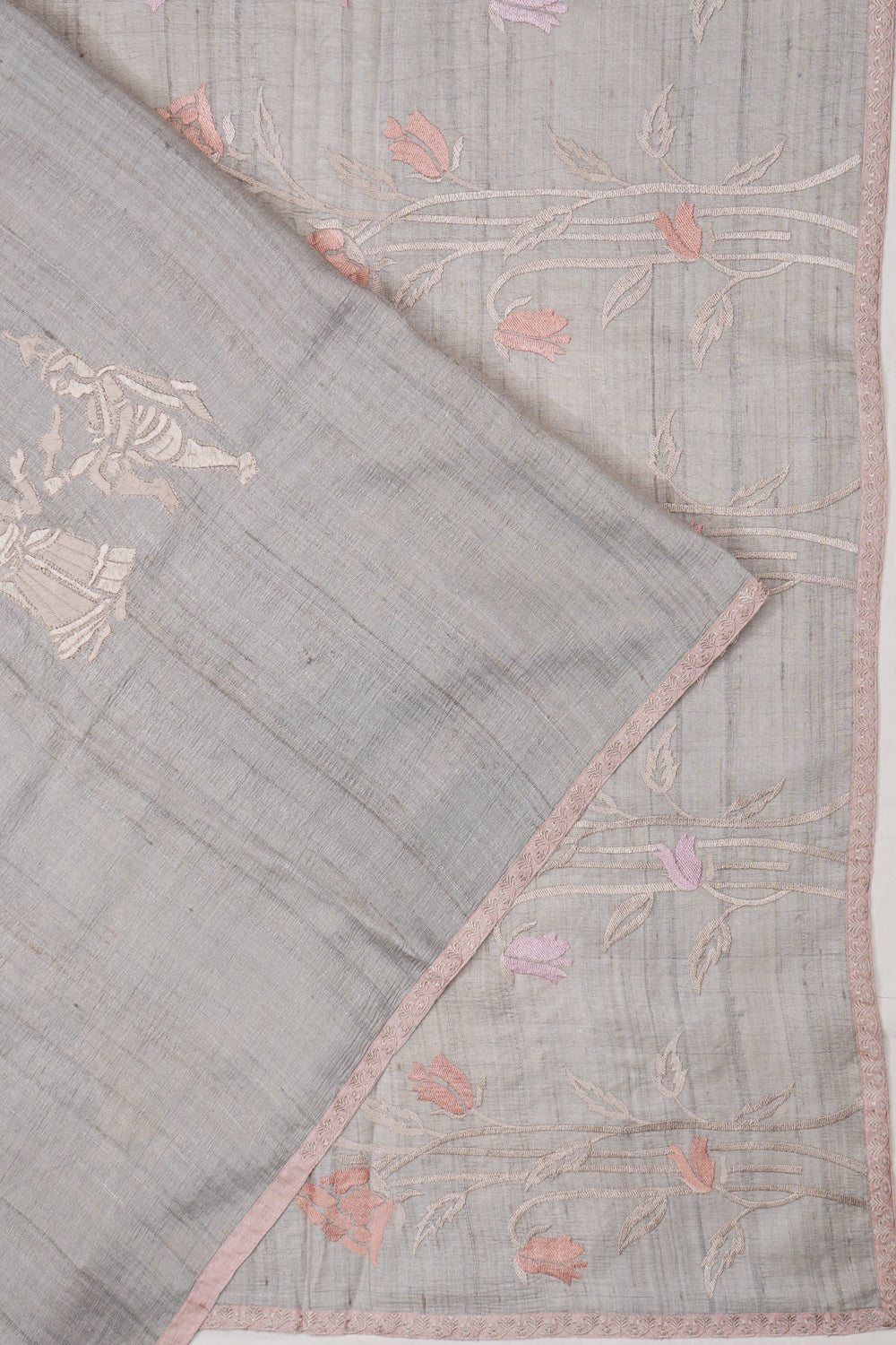 Tussar Embroidery Pastel Grey Saree