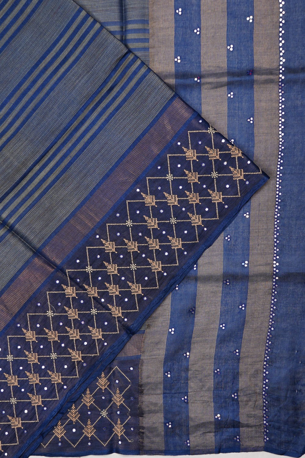 Tussar Lines Blue Saree With Mirror Work