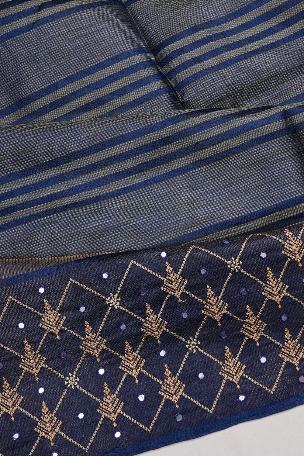 Tussar Lines Blue Saree With Mirror Work