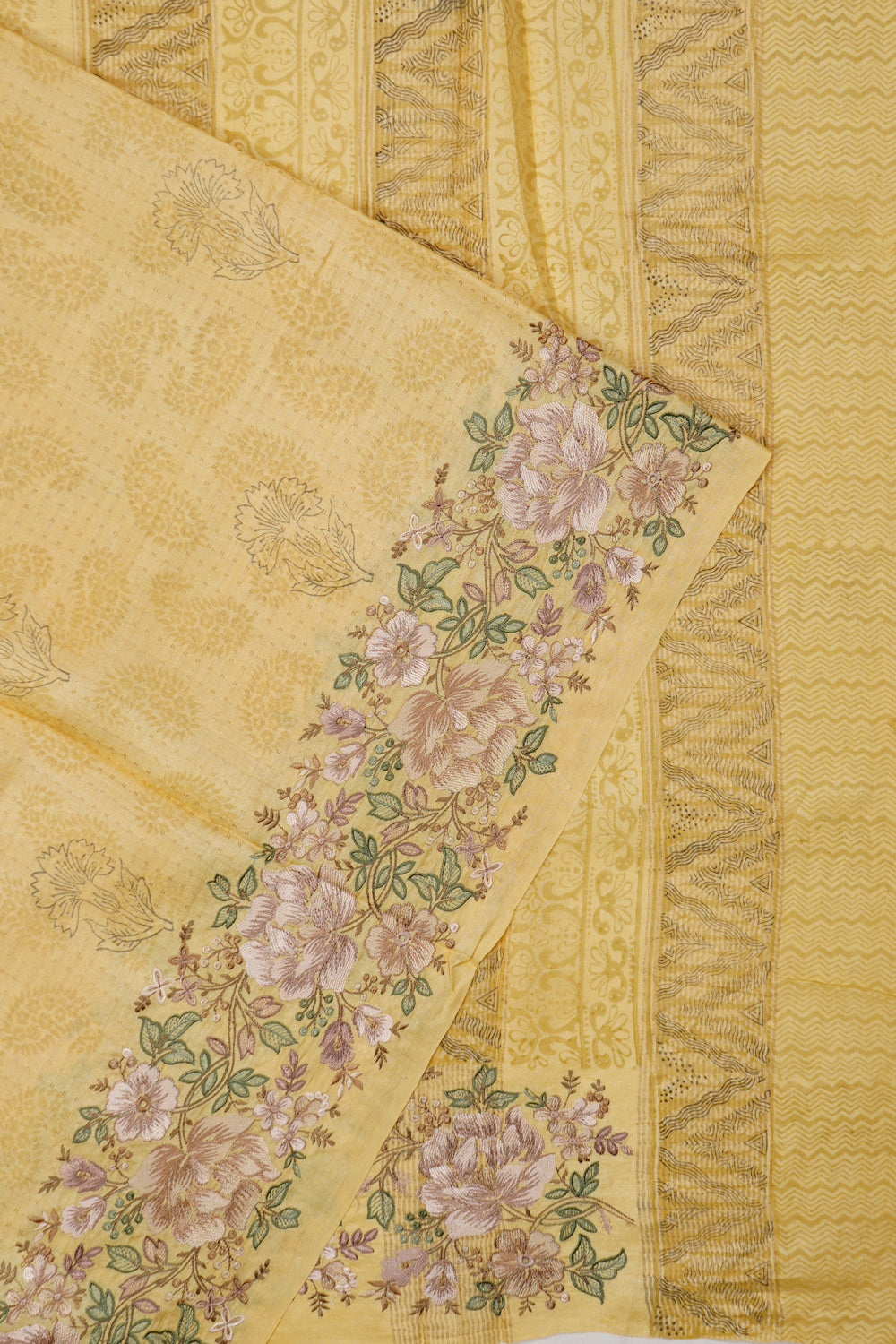 Tussar Floral Printed Yellow Saree With Embroidery Border