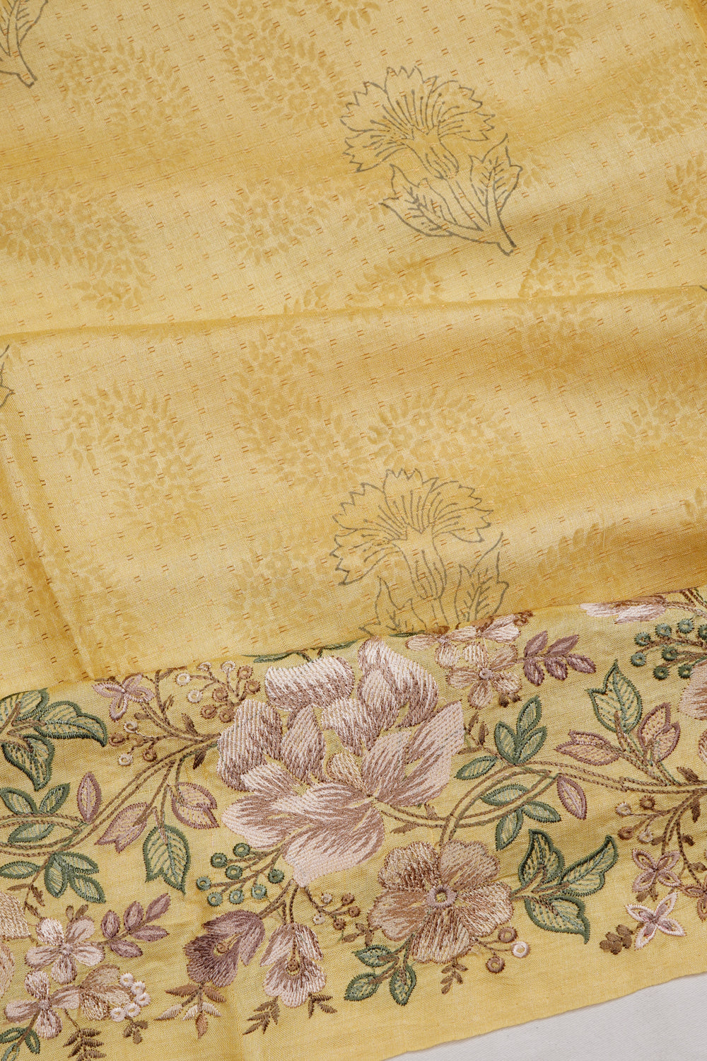 Tussar Floral Printed Yellow Saree With Embroidery Border
