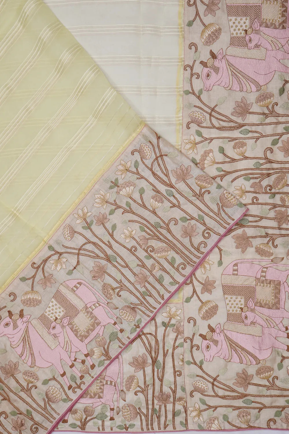 Organza Horizontal Lines Yellow Saree With Attached Embroidery Tussar Border