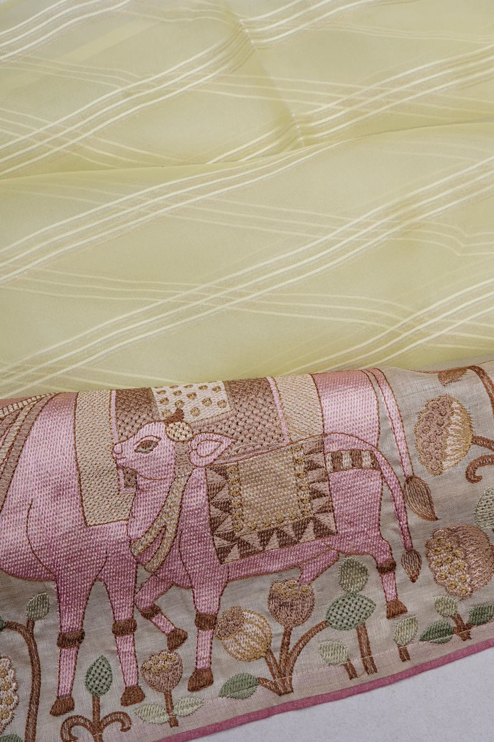 Organza Horizontal Lines Yellow Saree With Attached Embroidery Tussar Border