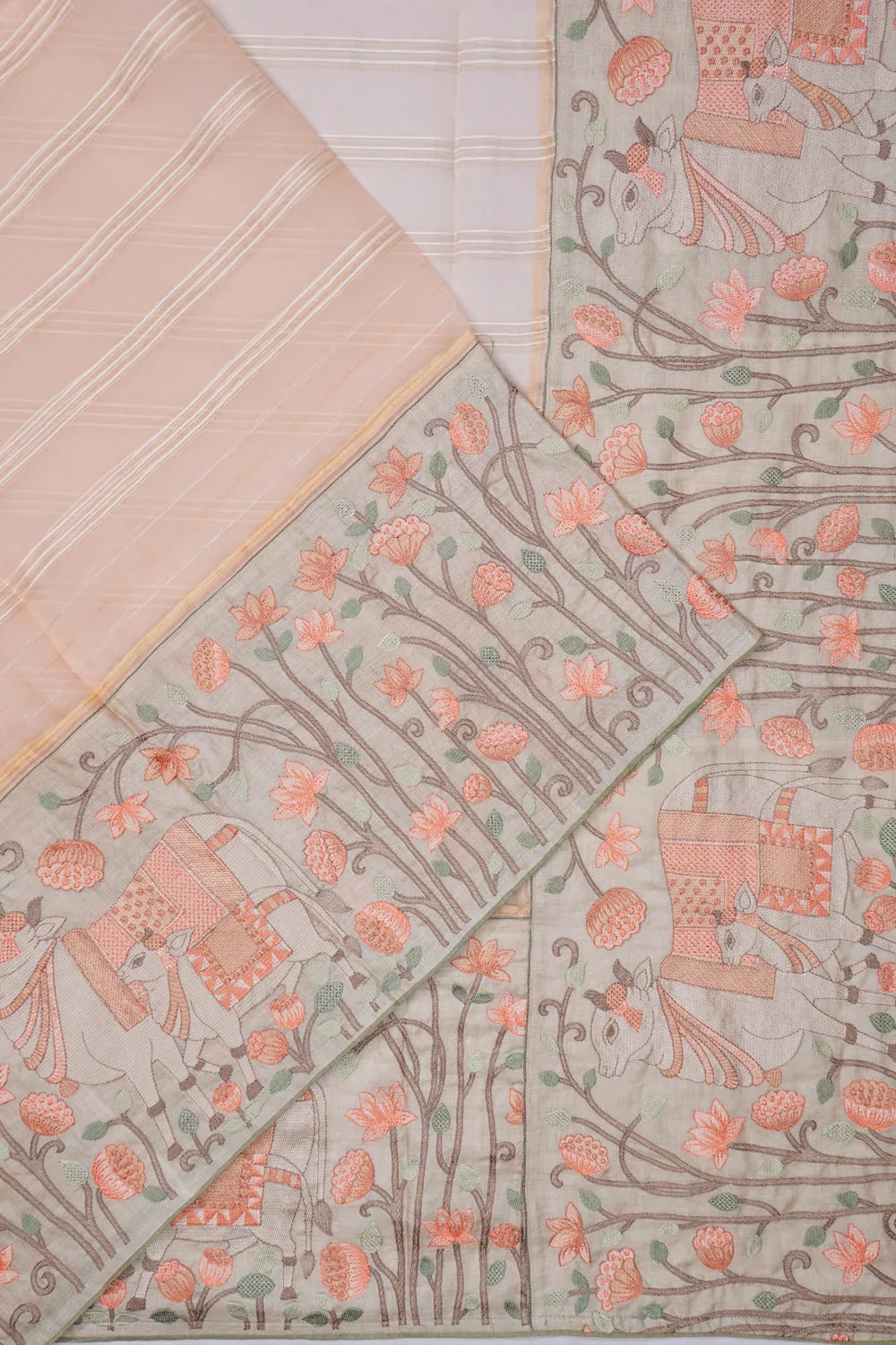 Organza Horizontal Lines Peach Saree With Attached Embroidery Tussar Border