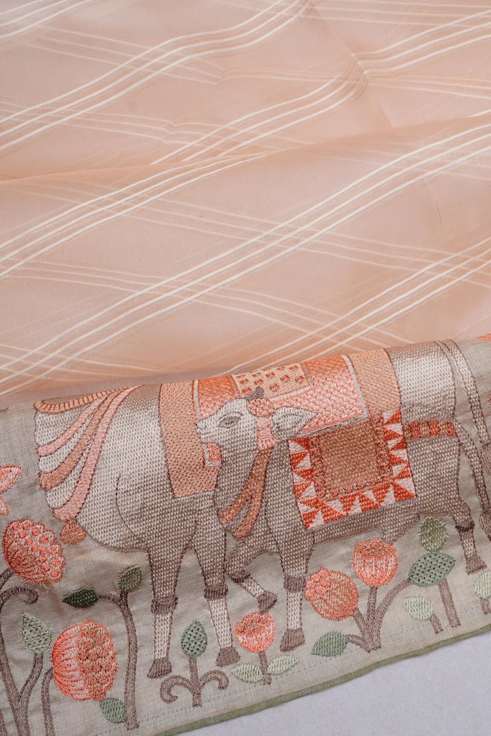 Organza Horizontal Lines Peach Saree With Attached Embroidery Tussar Border