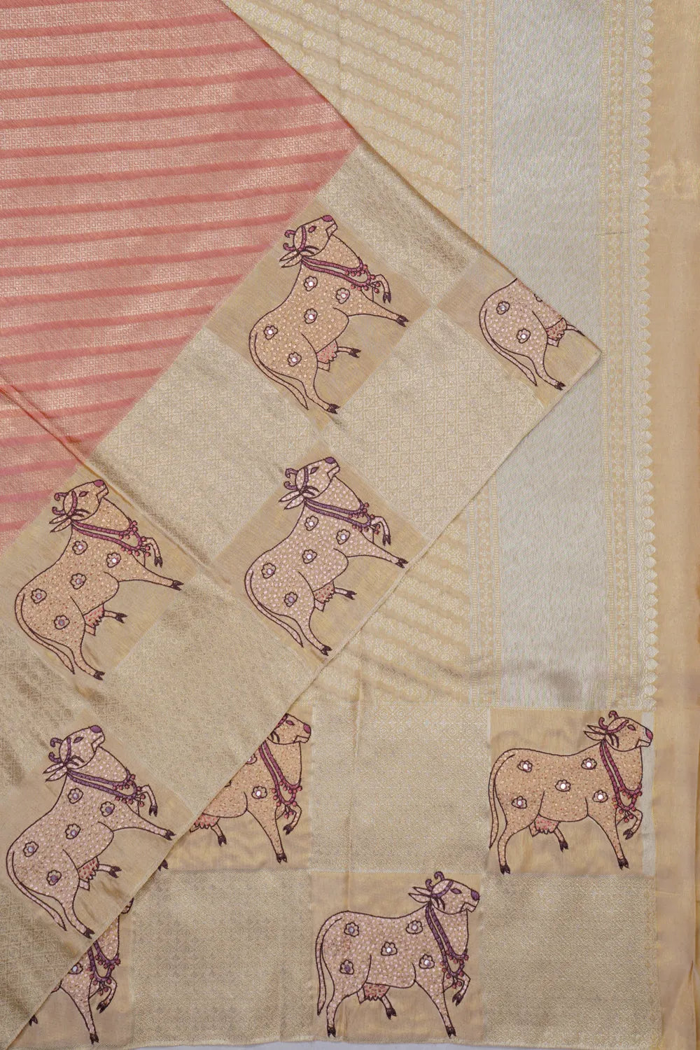 Kanchipuram Silk Tissue Diagonal Lines Peach Saree With Kantha Work Pichwai Border