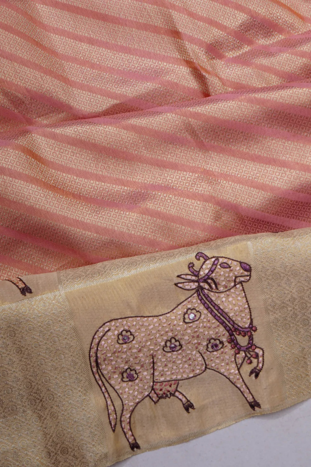 Kanchipuram Silk Tissue Diagonal Lines Peach Saree With Kantha Work Pichwai Border