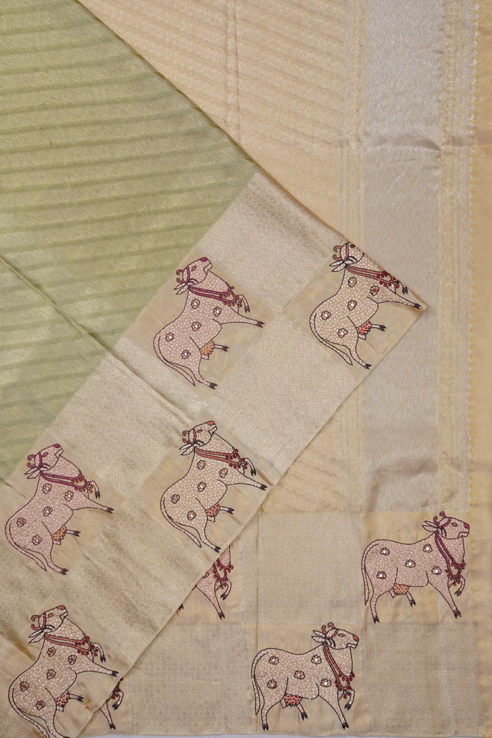 Kanchipuram Silk Tissue Diagonal Lines Green Saree With Kantha Work Pichwai Border