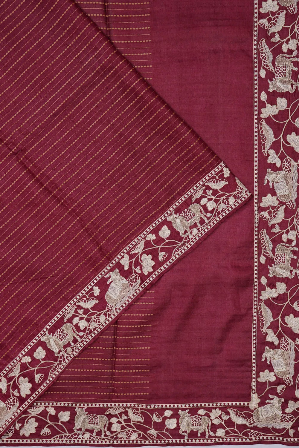 Tussar Horiozntal Lines Maroon Saree With Pichwai Embroidery Border