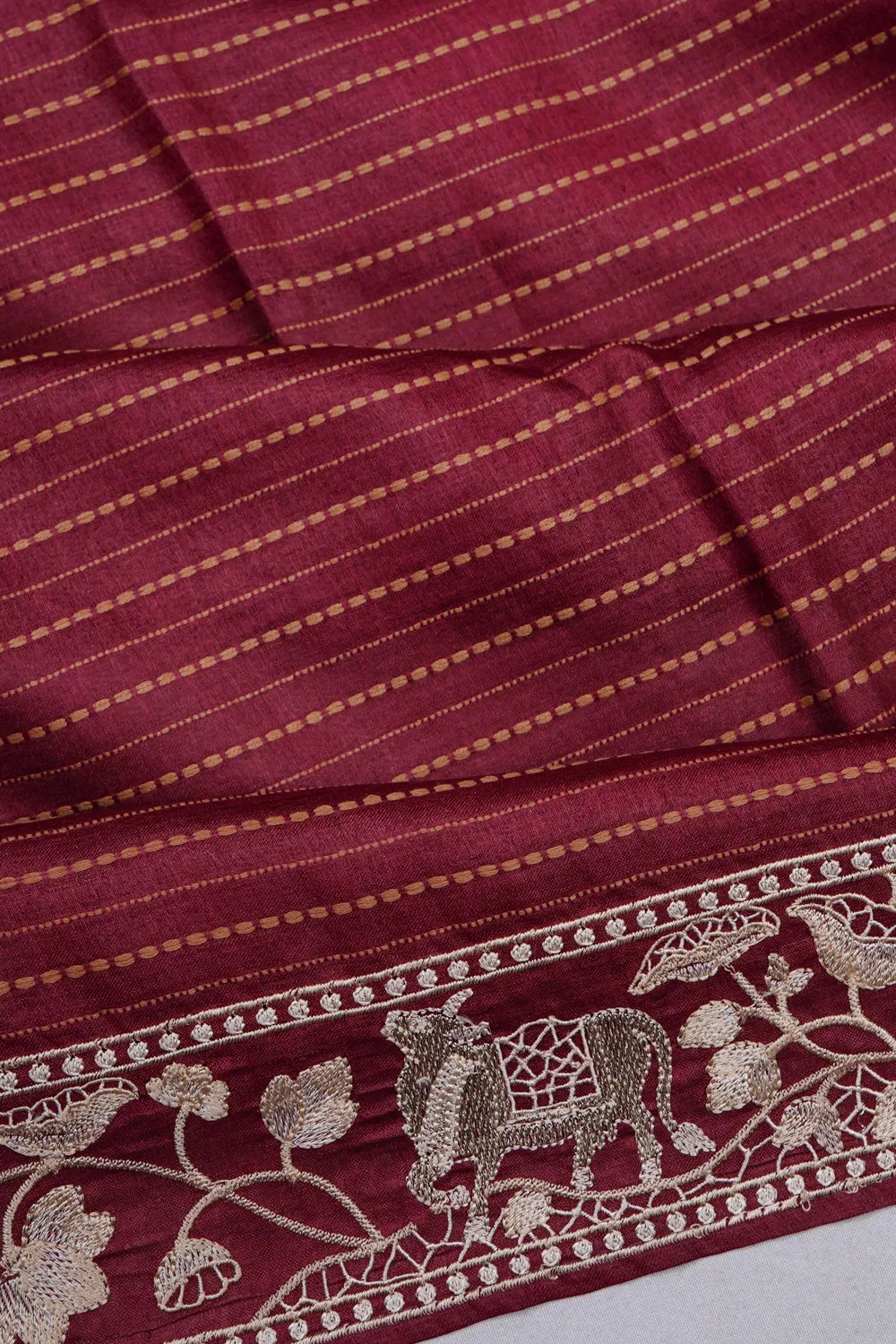 Tussar Horiozntal Lines Maroon Saree With Pichwai Embroidery Border