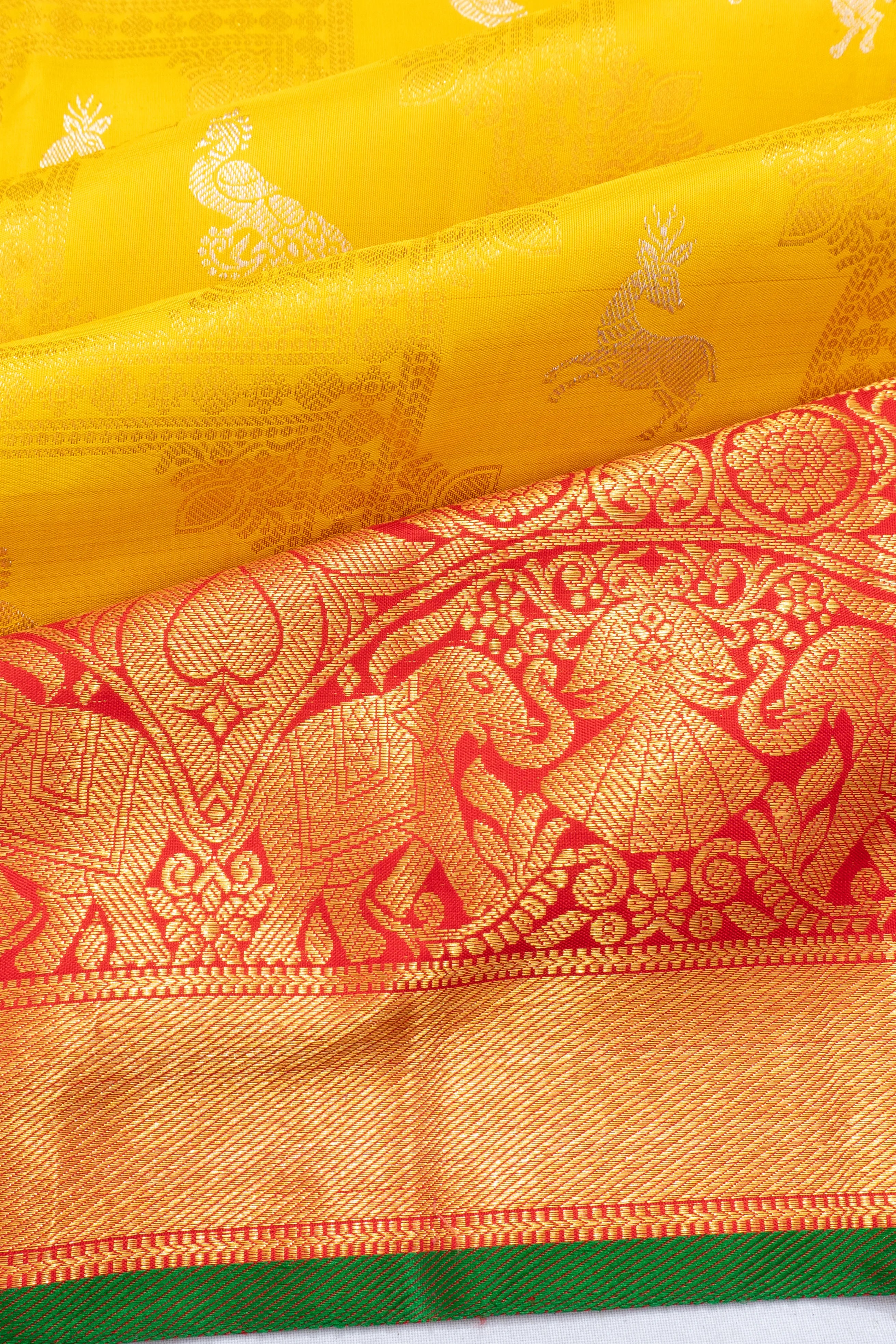 Kanchipuram Silk Checks And Butta Yellow Saree