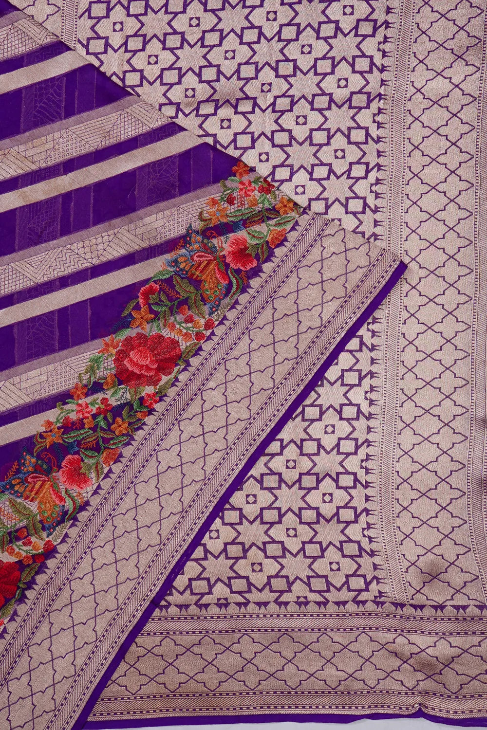 Banarasi Georgette Diagonal Lines Violet Saree With Embroidery