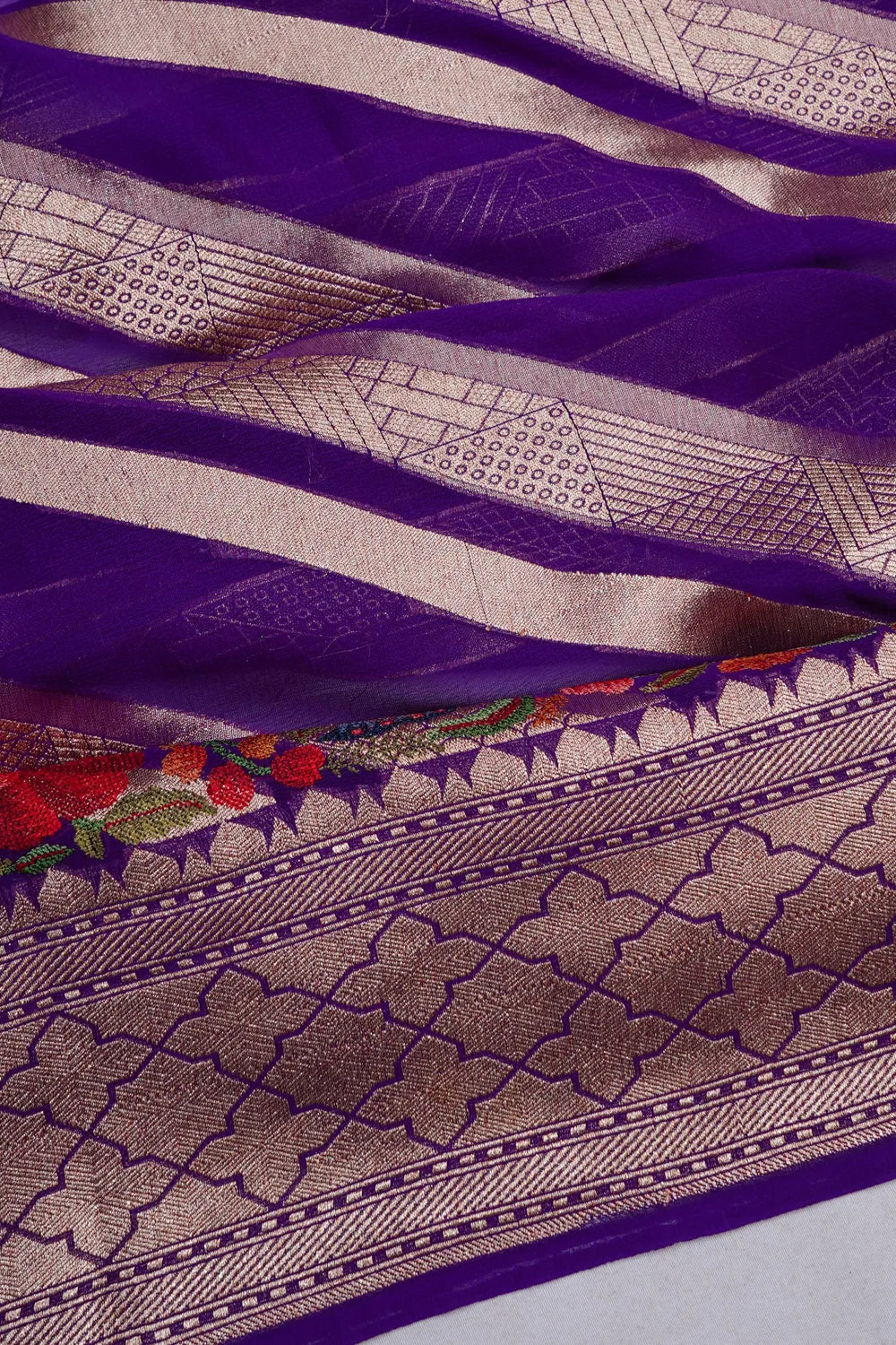 Banarasi Georgette Diagonal Lines Violet Saree With Embroidery