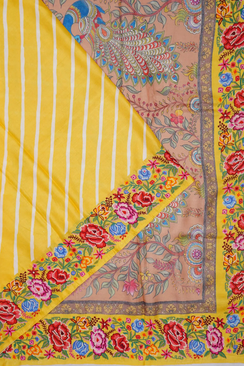 Tussar Diagonal Lines Yellow Saree With Embroidery Border