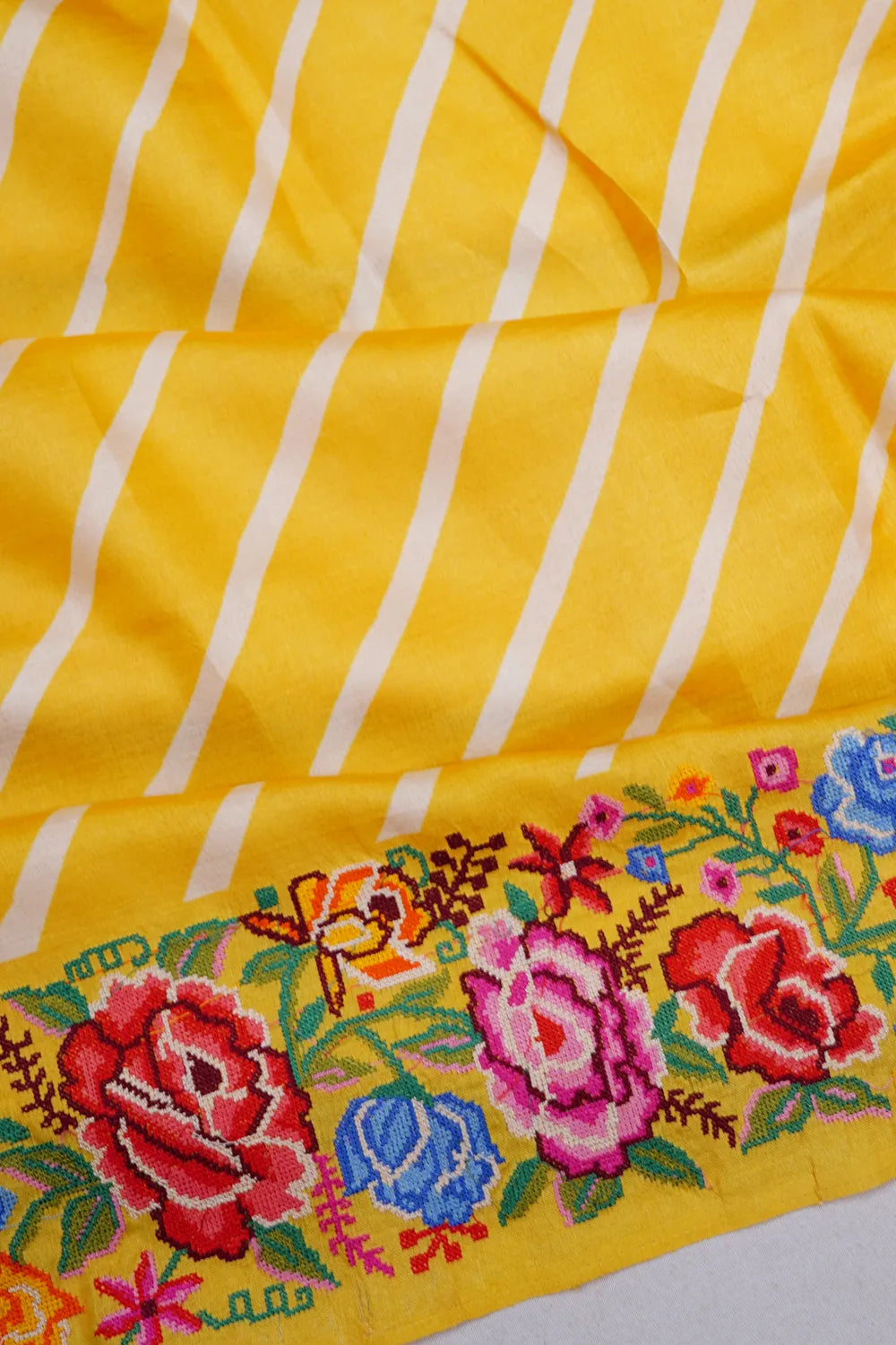 Tussar Diagonal Lines Yellow Saree With Embroidery Border