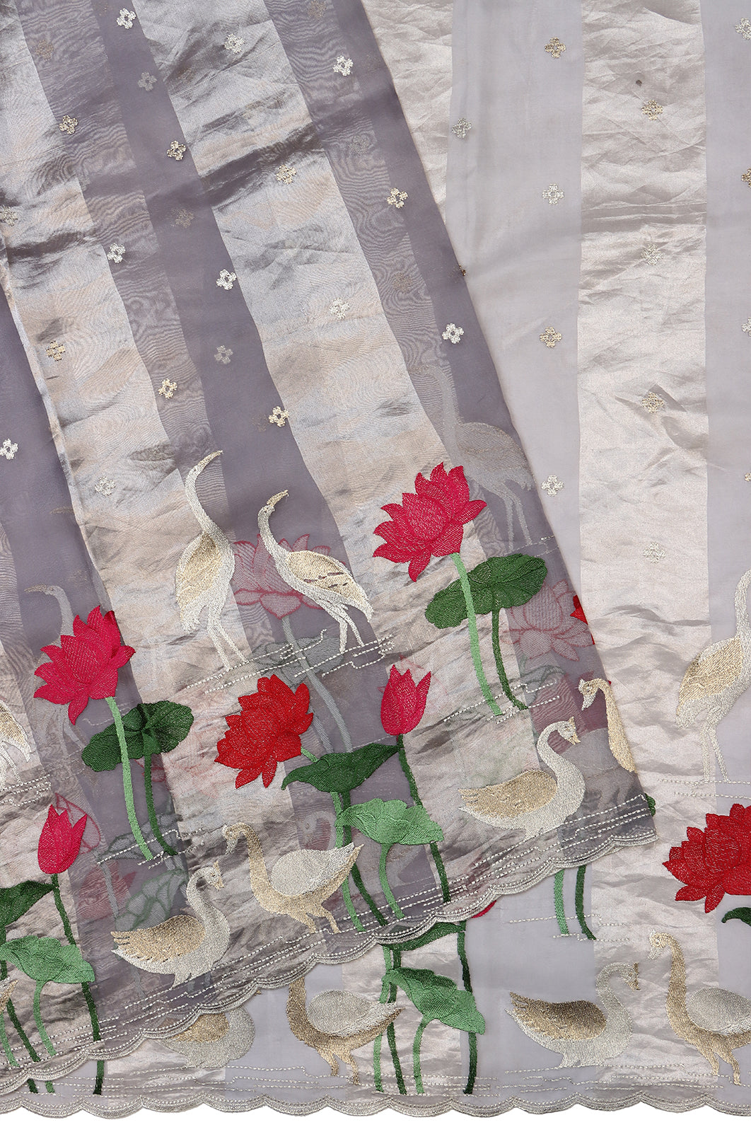 Organza Lines And Butta Grey Saree With Embroidery Border