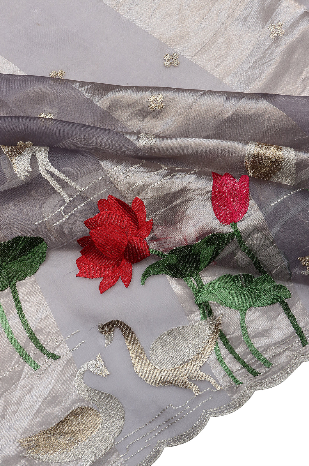 Organza Lines And Butta Grey Saree With Embroidery Border