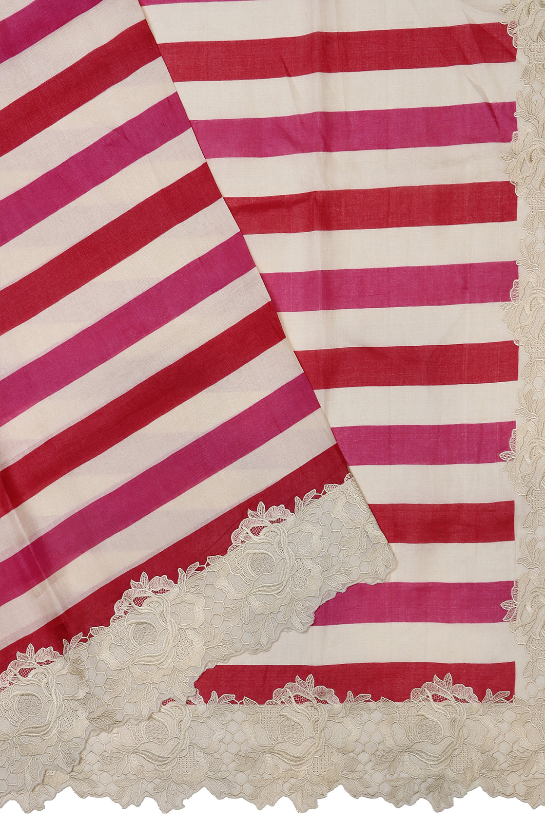 Tussar Lines White And Pink Saree With Cut Wokr Border