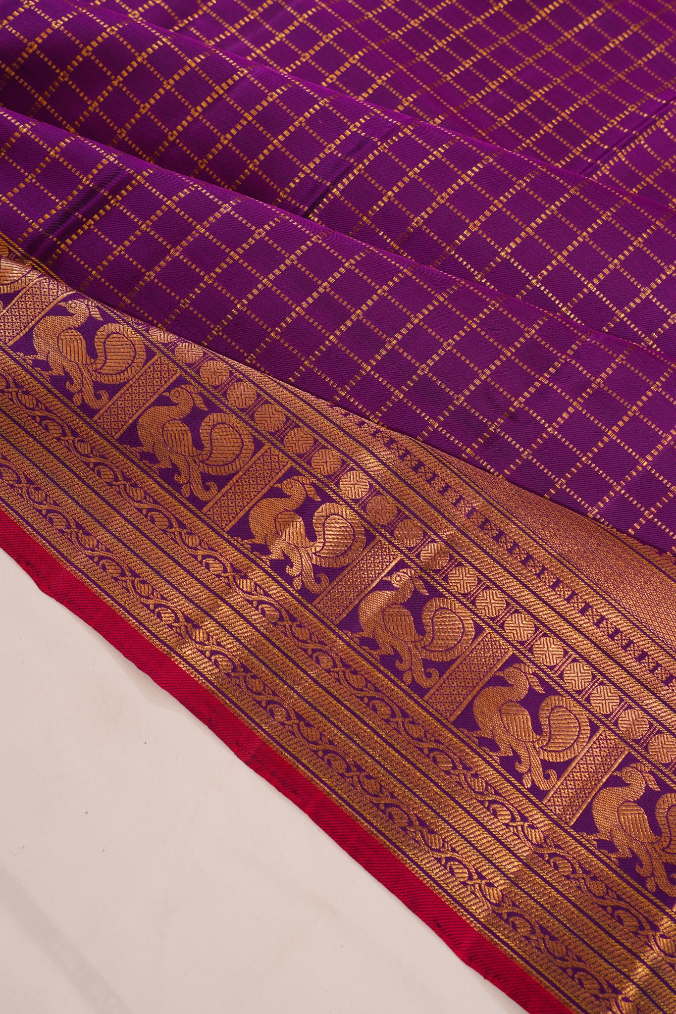Kanchipuram Silk Twill Checks Violet Saree