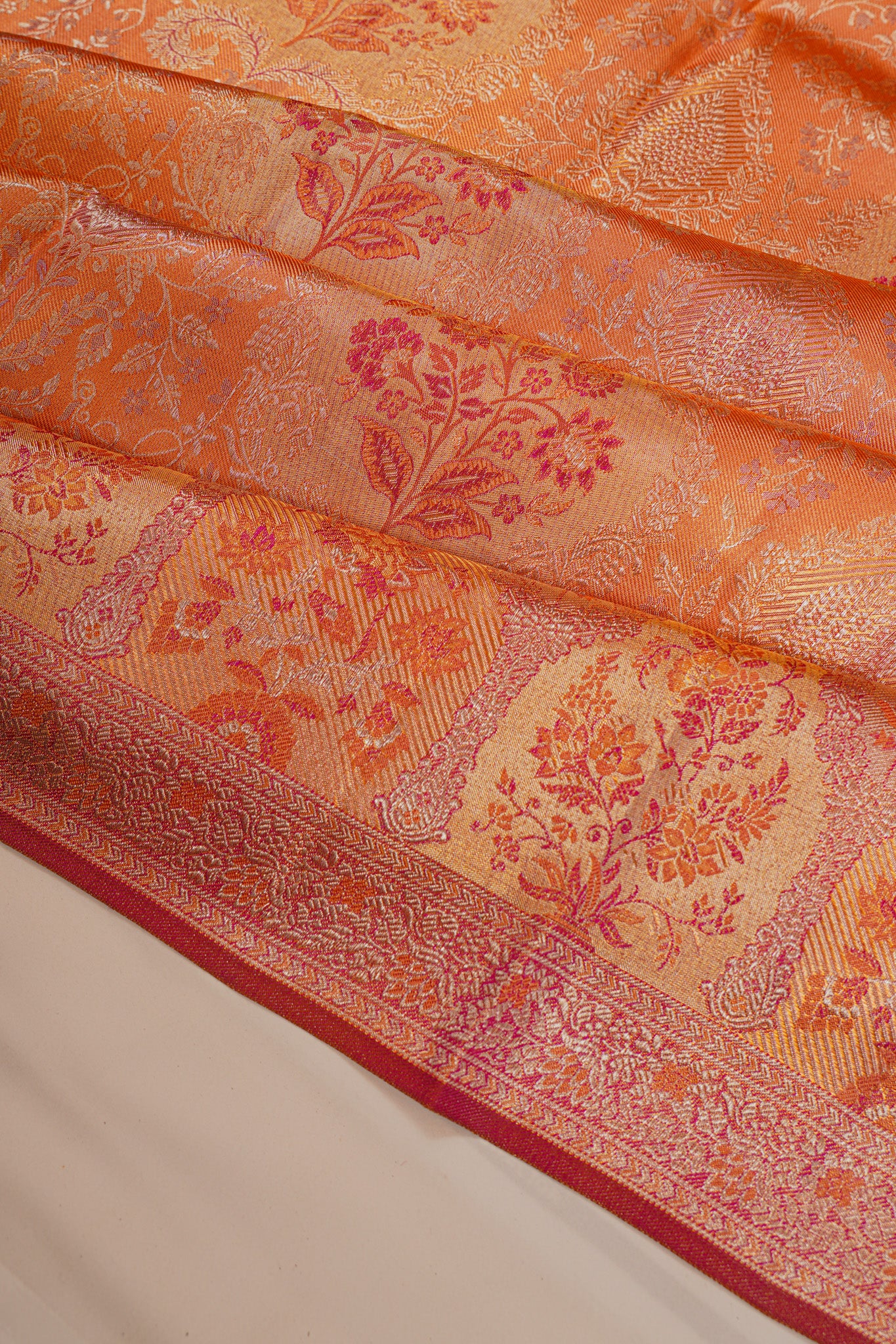 Kanchipuram Silk Tissue Brocade Orange Saree