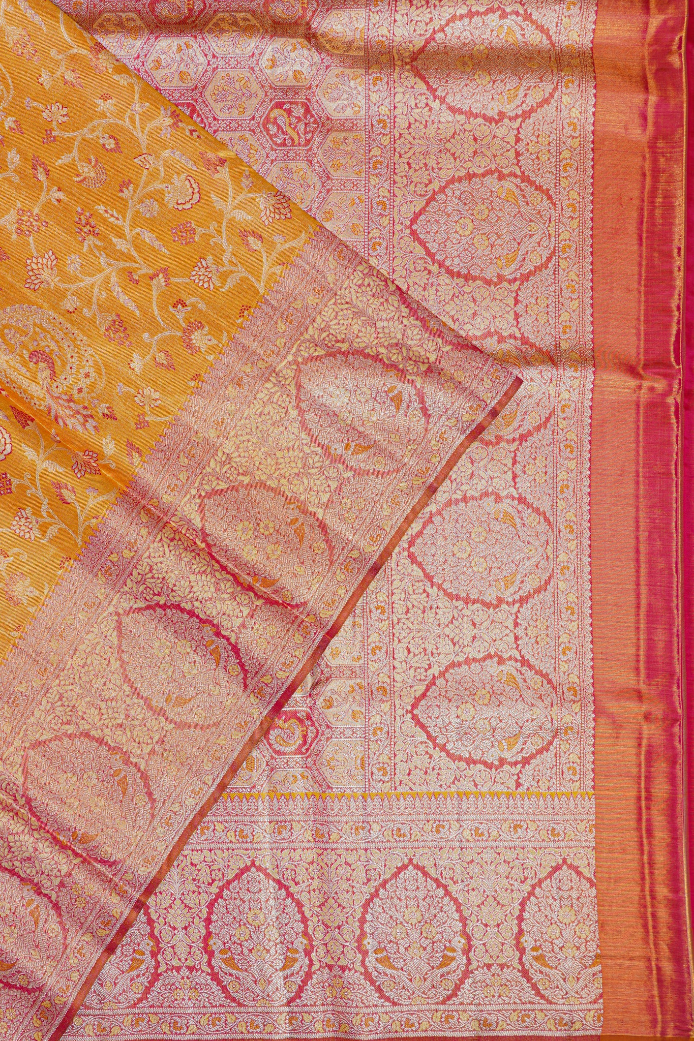 Kanchipuram Silk Tissue Jaal Mustard Yellow Saree