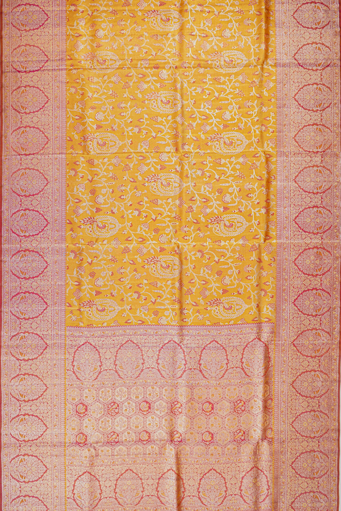 Kanchipuram Silk Tissue Jaal Mustard Yellow Saree