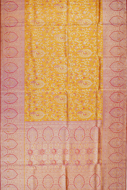 Kanchipuram Silk Tissue Jaal Mustard Yellow Saree