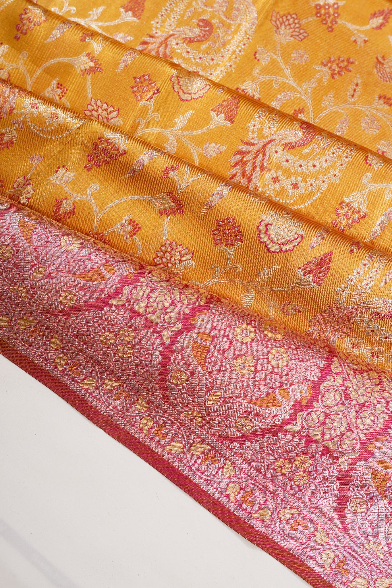 Kanchipuram Silk Tissue Jaal Mustard Yellow Saree